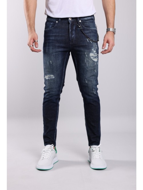 0020 Süper Slim Fit Mavi Yıkamalı Yırtıklı Rahat Denim Erkek Jeans