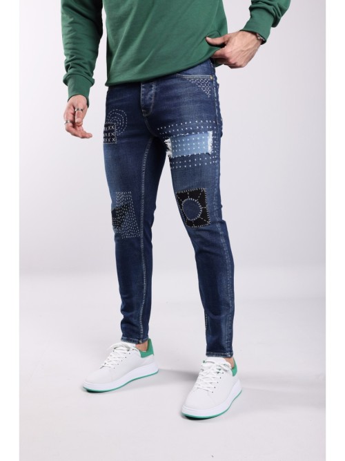 0020 Süper Slim Fit Lacivert Yıkamalı Nakışlı Rahat Denim Erkek Jeans