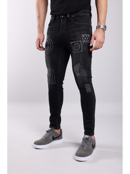 0020 Süper Slim Fit Nakışlı Siyah Rahat Denim Erkek Jeans