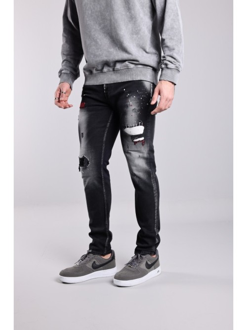 333 Slim Fit Siyah Yırtıklı Büyük Tırnaklı Özel Üretim Rahat Denim Erkek Jeans