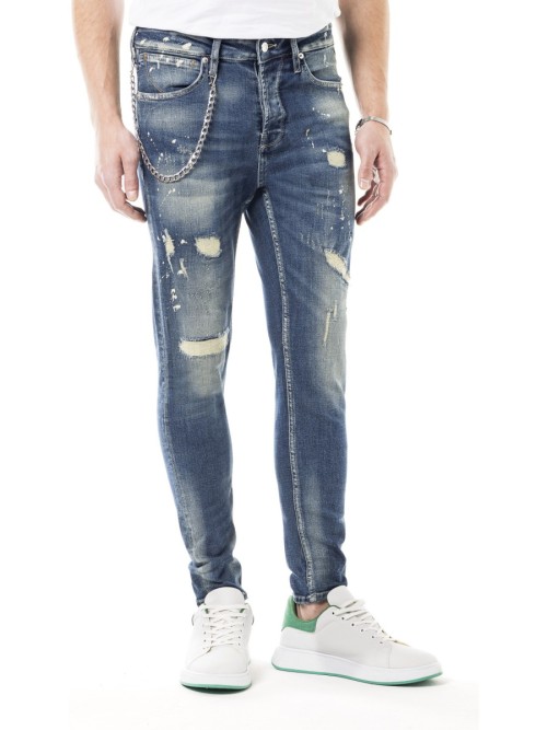 0020 Süper Slim Fit Mavi Rahat Denim Zincirli Erkek Jeans