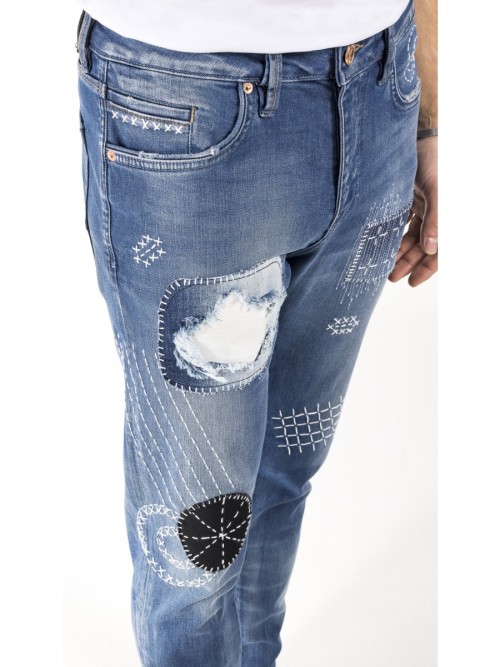 0020 Süper Slim Fit Nakışlı Yamalı Mavi Rahat Denim Erkek Jeans