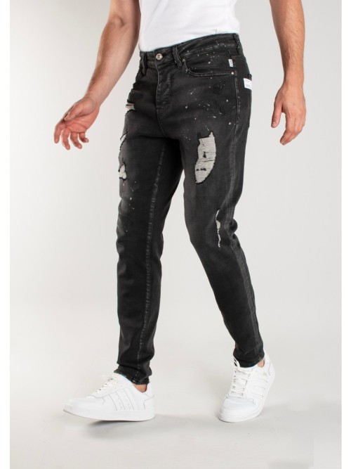 0020 Süper Slim Fit Siyah Yıkamalı Boyalı Yırtıklı Erkek Jeans
