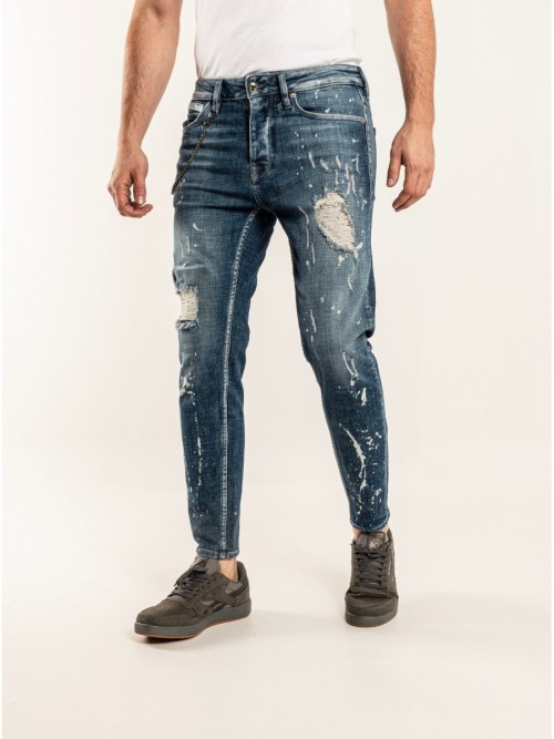 0020 Süper Slim Fit Mavi Yıkamalı Yırtıklı Boyalı Rahat Denim Erkek Jeans