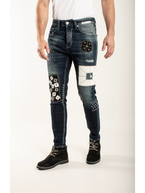 0020 Süper Slim Fit Siyah Nakışlı Yıkamalı Rahat Denim Erkek Jeans