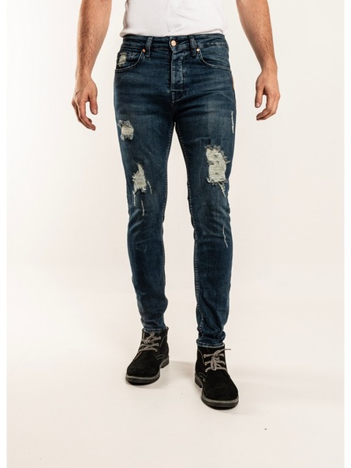 0020 Süper Slim Fit Mavi Yıkamalı Yırtıklı Rahat Denim Erkek Jeans