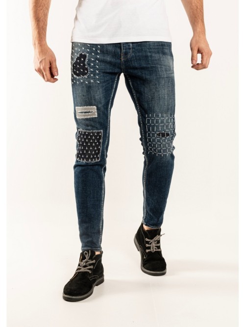 0020 Süper Slim Fit Mavi Yıkamalı Özel El Yapımı Nakışlı Rahat Denim Erkek Jeans